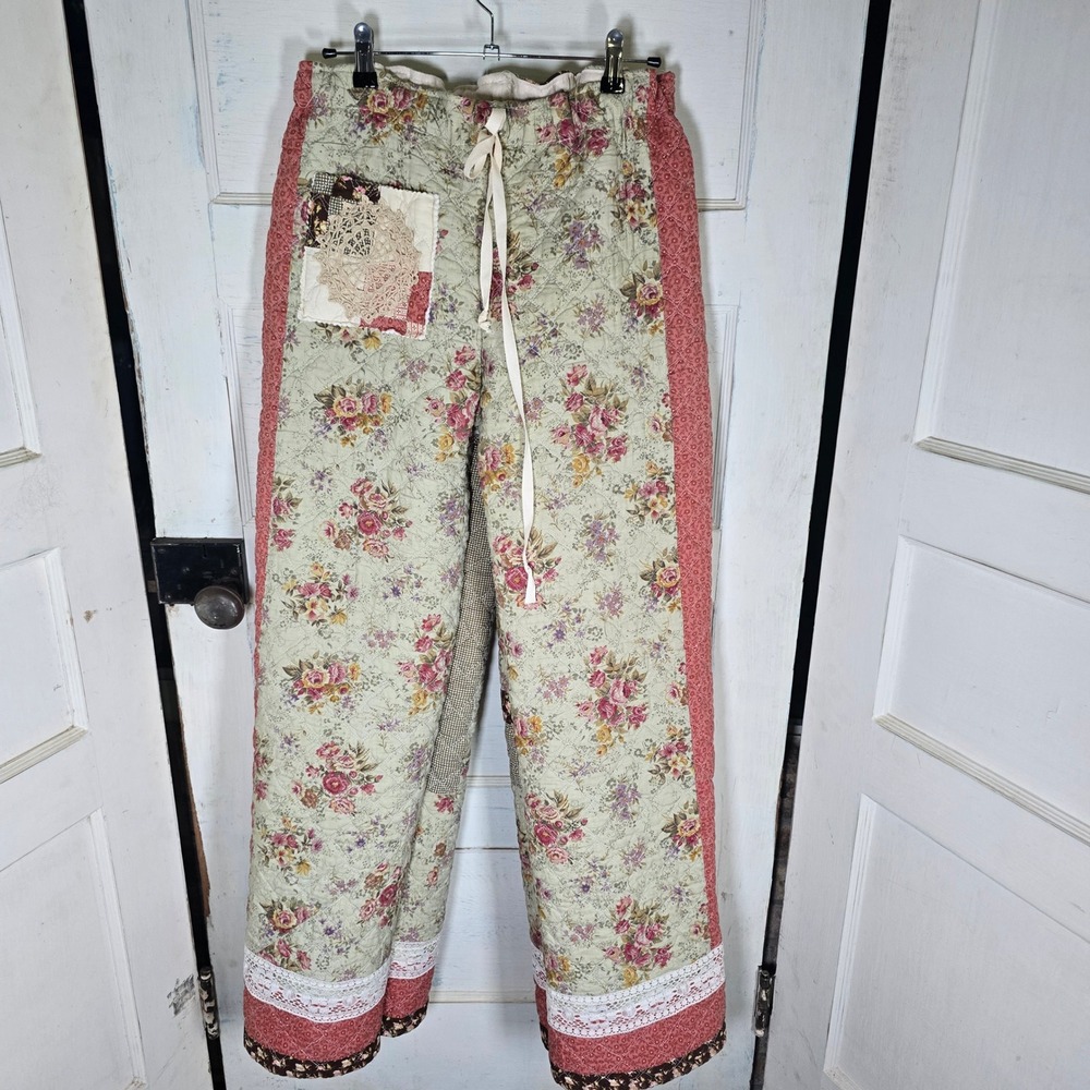Upcycled handmade quilt pants with lace accents‎ OS